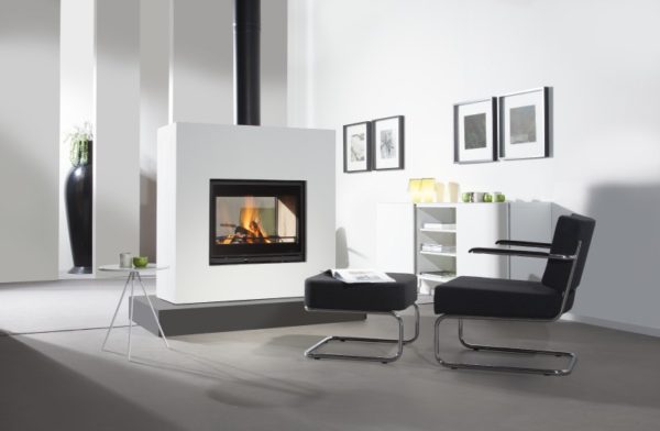 square 75 tunnel insert stove, wanders stove, small landscape insert fire, efficient woodburner, external air supply insert stove, minimalist stove, double sided stove, glass fronted stove, see through stove, modern stove, freestanding stove