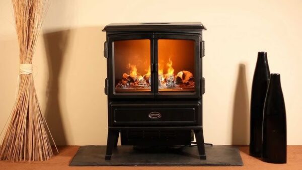 A cozy space with a Dimplex OptiMyst Oakhurst electric stove