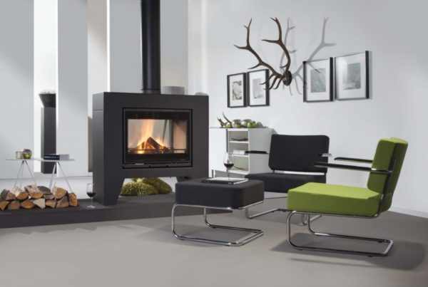 Jules insert stove, wanders stove, small landscape insert fire, efficient woodburner, external air supply insert stove, minimalist stove, glass double sided stove, freestanding stove, modern stove, no chimney required stove