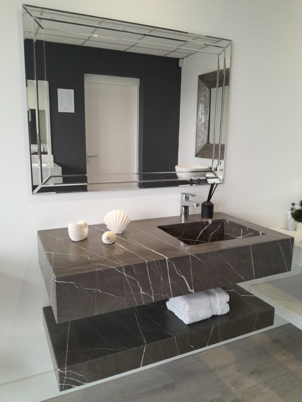 Custom bathroom vanity unit crafted in Pietra Grey Natural marble