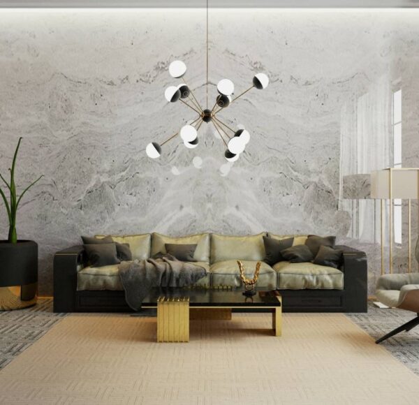 Spacious living room with a custom-made stone feature wall crafted in marble