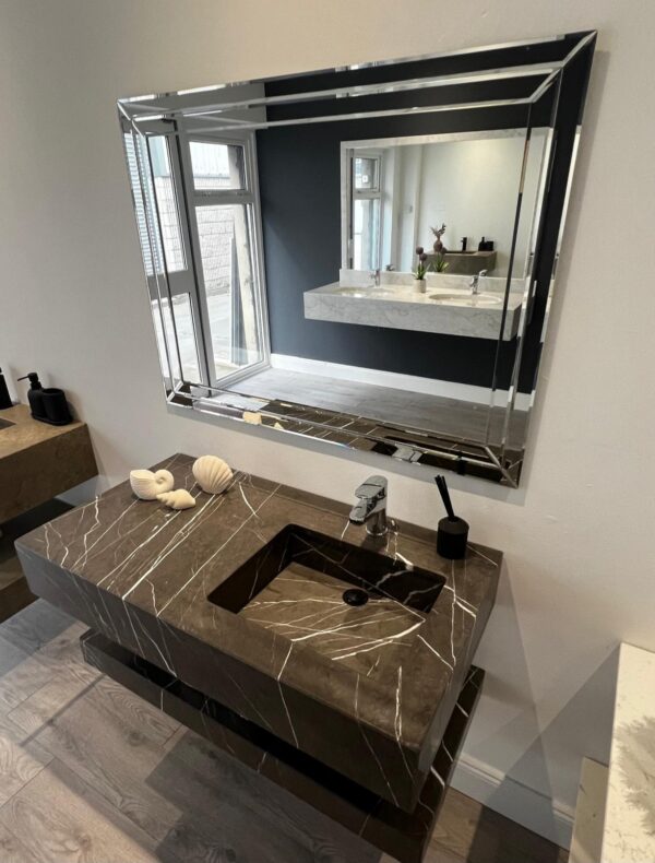 Handmade bathroom vanity unit crafted in Pietra Grey Natural marble