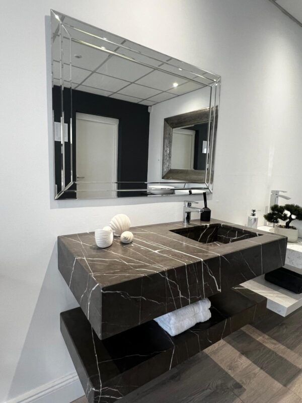 Bespoke bathroom vanity unit crafted in Pietra Grey Natural marble