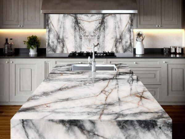 Kitchen island and backsplash crafted in Crystallo Ash quartzite