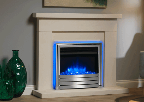 A 22” Ecoflame 4d electric inset fire with blue ﬁreplace mood lights and blue flame