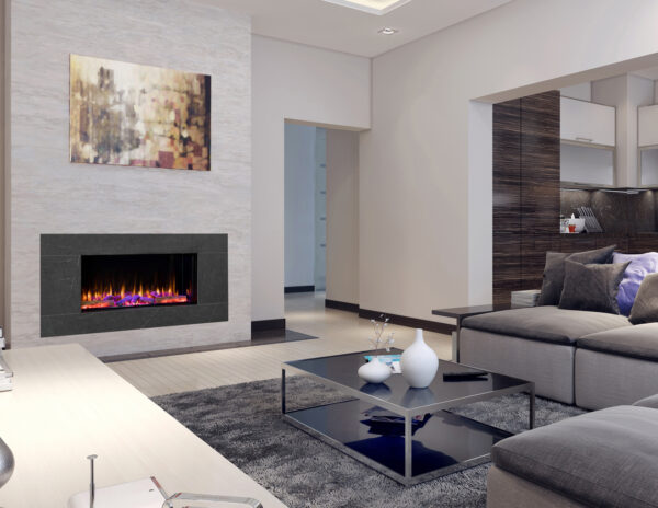 A grey-coloured modern living room with Iconic 750 electric inset fire