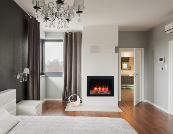 A modern bedroom with Iconic 750 electric inset fire