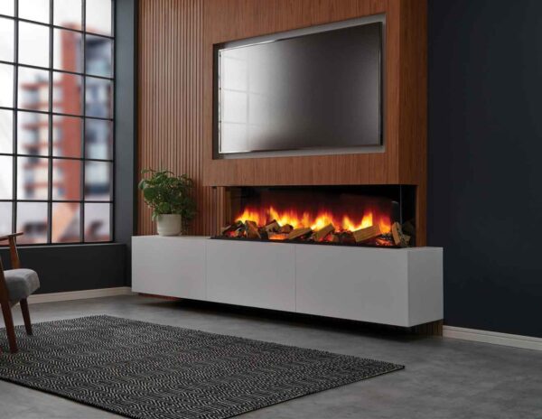 A modern living space with a Polaris electric inset fire